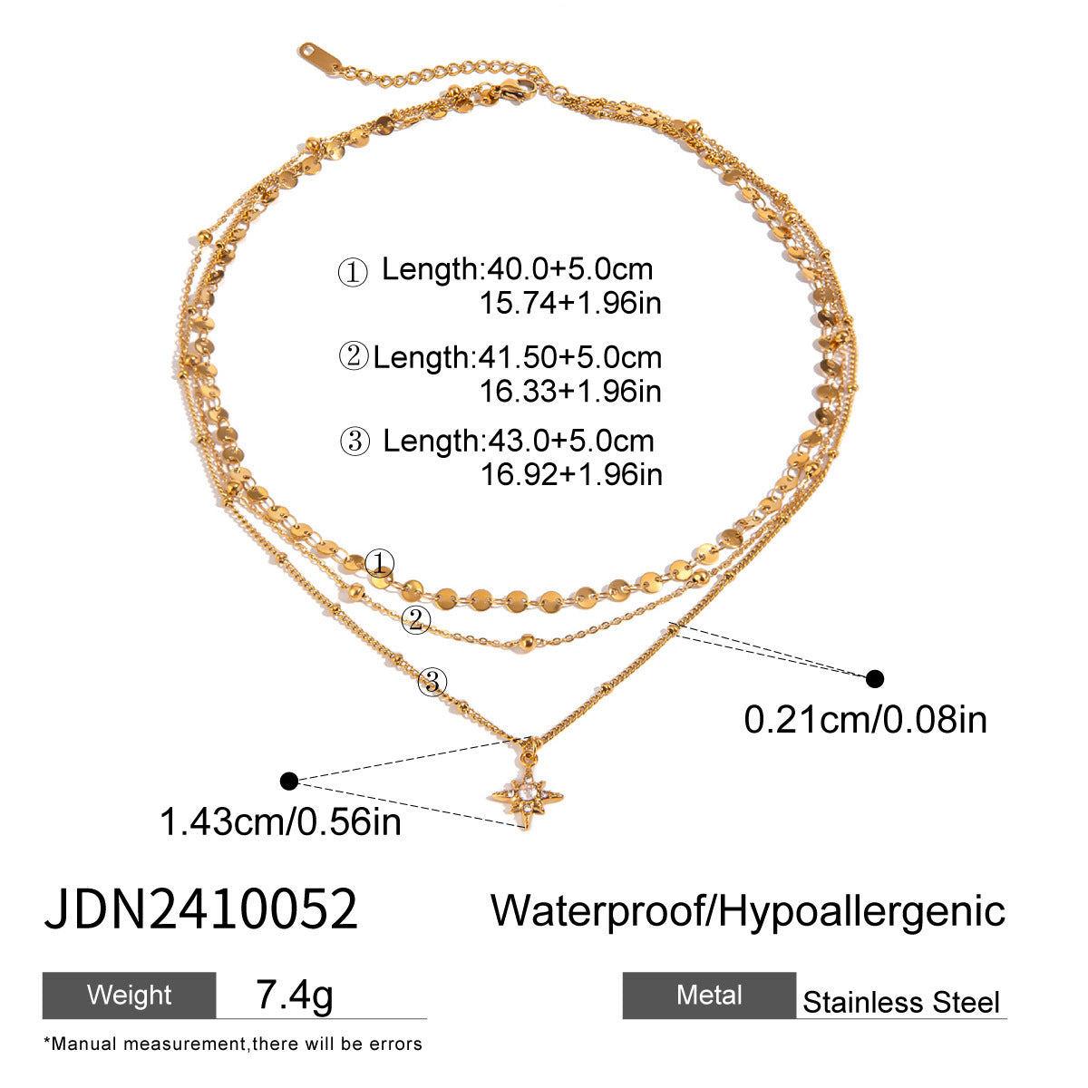Stainless Steel Rhinestone Four Eight-pointed Stars Pendant Three-layer Necklace