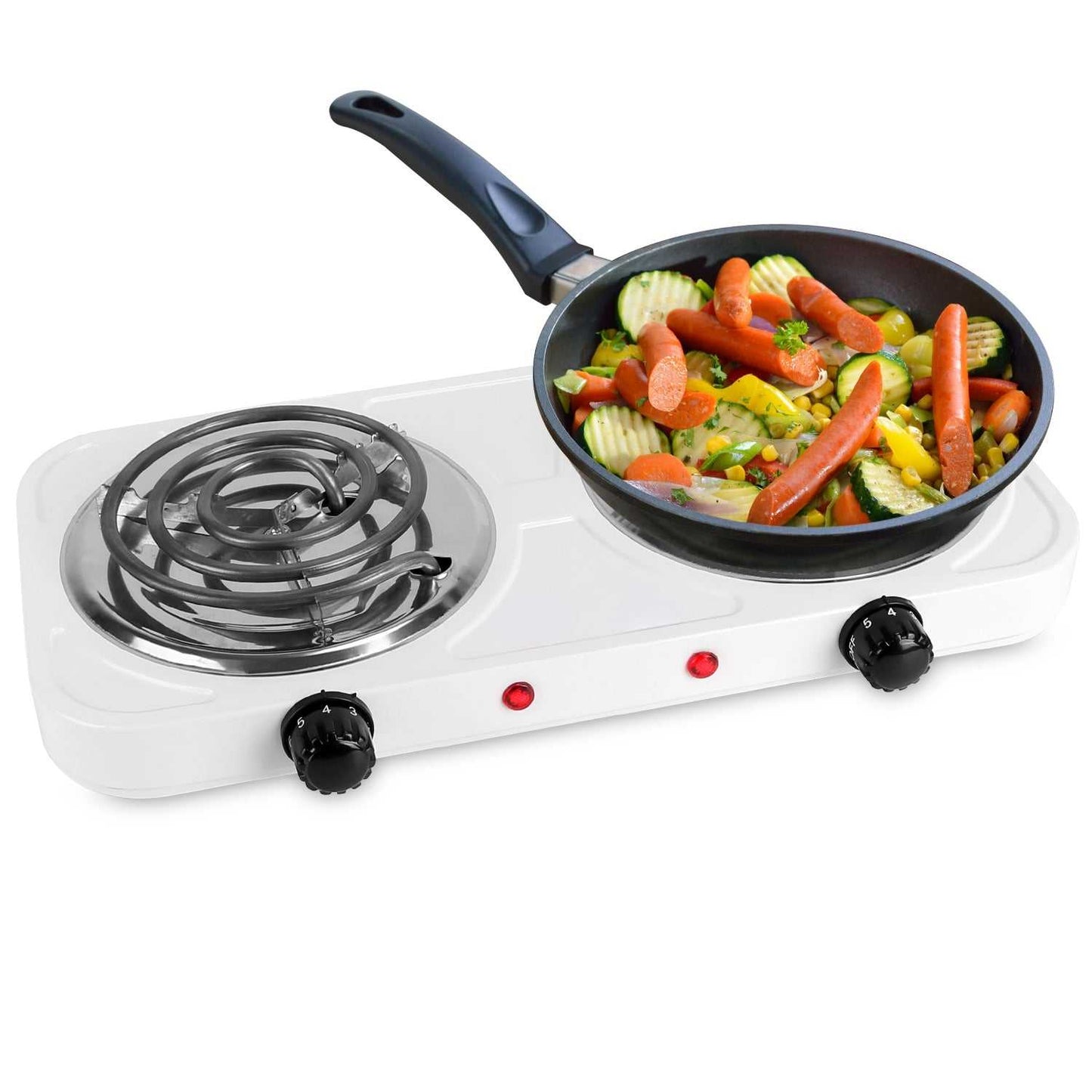 Portable electric double burner hot plate with white base, pan on coil burner