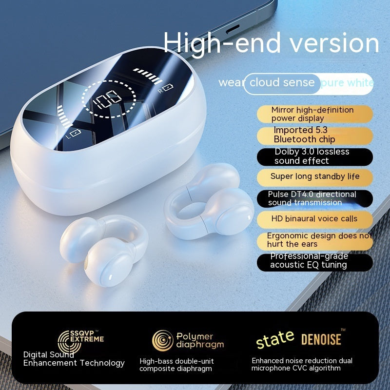 Wireless earbuds with charging case on a blue background, featuring text highlighting features.
