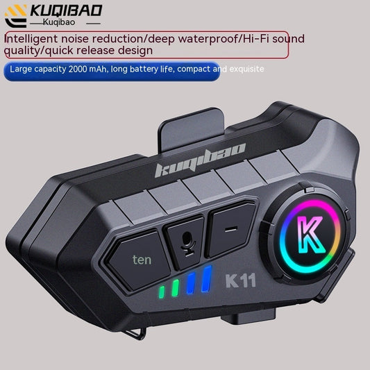 KUQIBAO motorcycle intercom with colorful display on a gray background