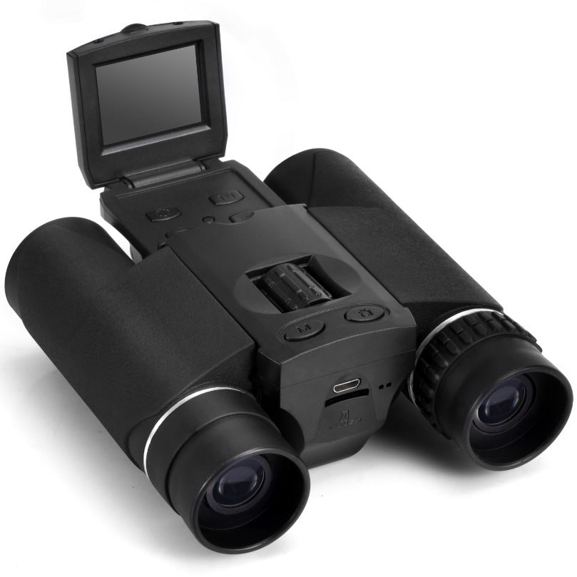 Black binoculars with digital display on a white background