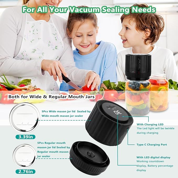 Electric Mason Jar Vacuum Sealer - BINZET Mason Jar Vacuum Sealing Kit For Food Storage, Compatible Wide & Regular Mouth Mason Lids- Canning Jar Mason Jar Vacuum Sealer With LED Countdown Display - Ectron Online
