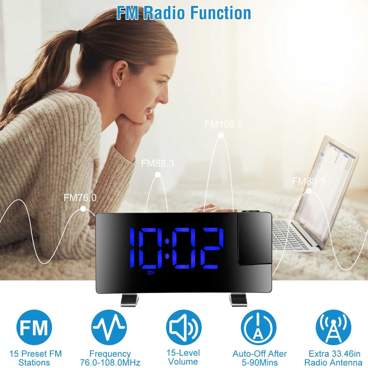 Projection Alarm Clock with Radio | 180° Rotatable LED Digital Clock