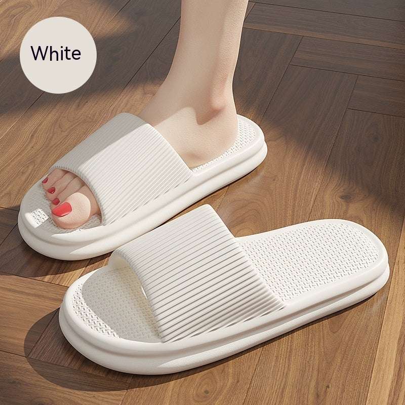White striped open-toe slide slippers with textured footbed and cushioned sole