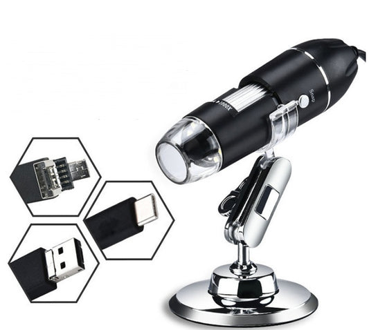 Digital microscope with stand on a white background