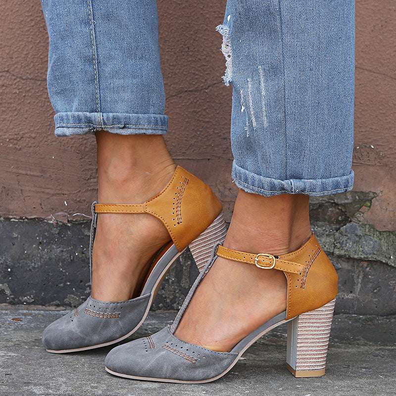 Vintage round head color matching T-strap sandals