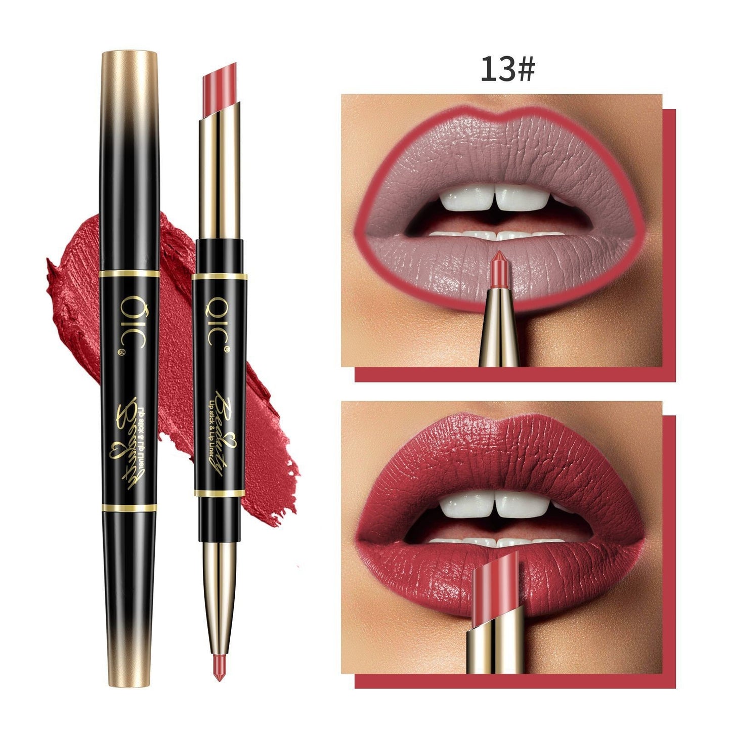 Lipstick with gold cap and black body, shown on a white background with close-up of lips wearing the shade.