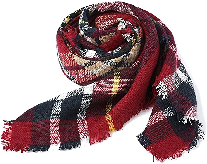 Red plaid scarf with black, white, and cream checks, fringed ends