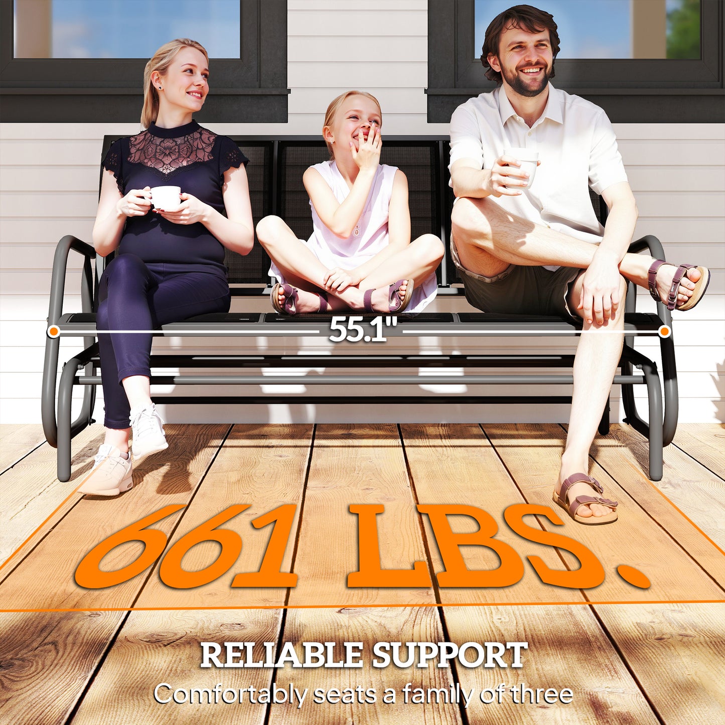 Black patio glider bench with curved seat and armrests, family seated outdoors.