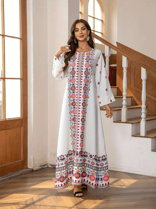 Middle Eastern Muslim Women's Rhinestone Bead Decorative Print And Rolled Up Sleeve Dress