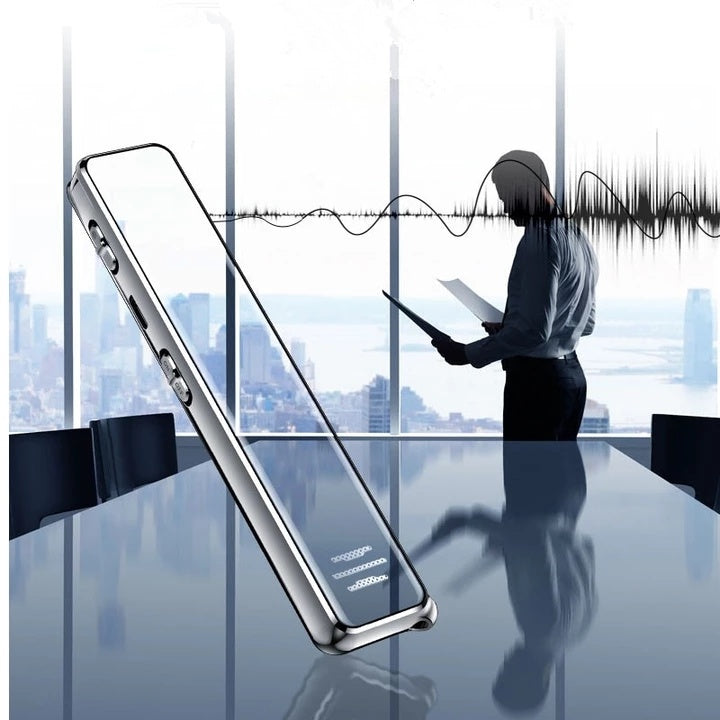 Smartphone with a reflective surface in an office setting, showing a person using a tablet.