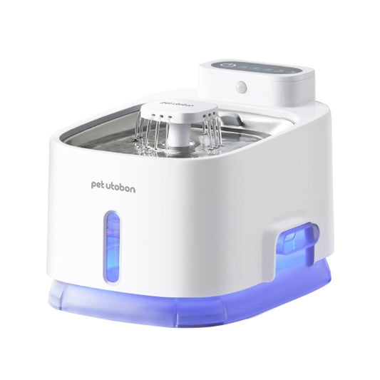 White automatic pet water dispenser with recirculating fountain nozzle and control panel
