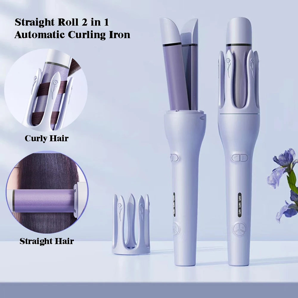 2-in-1 automatic curling iron with straightening function on a light blue background