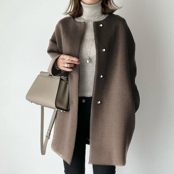 Straight Cardigan Fitted Round Neck Woolen Coat