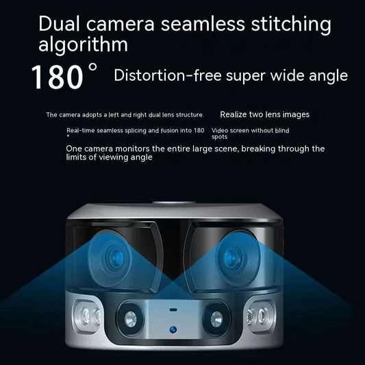 Camera with dual lenses and text about dual camera stitching algorithm on a black background