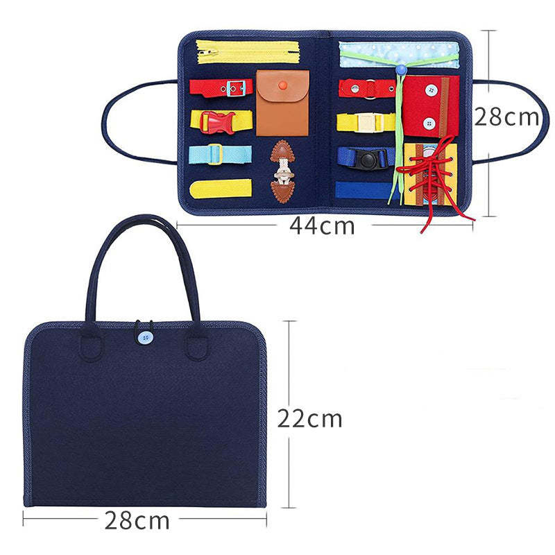 Children's activity book with colorful pages and a navy blue carrying case, showing dimensions.