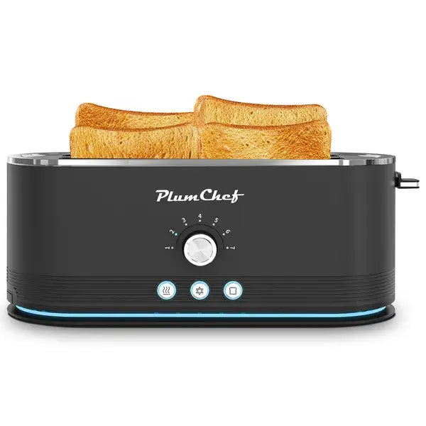 Black 4-slice toaster front view with toast in wide slots and blue accent base