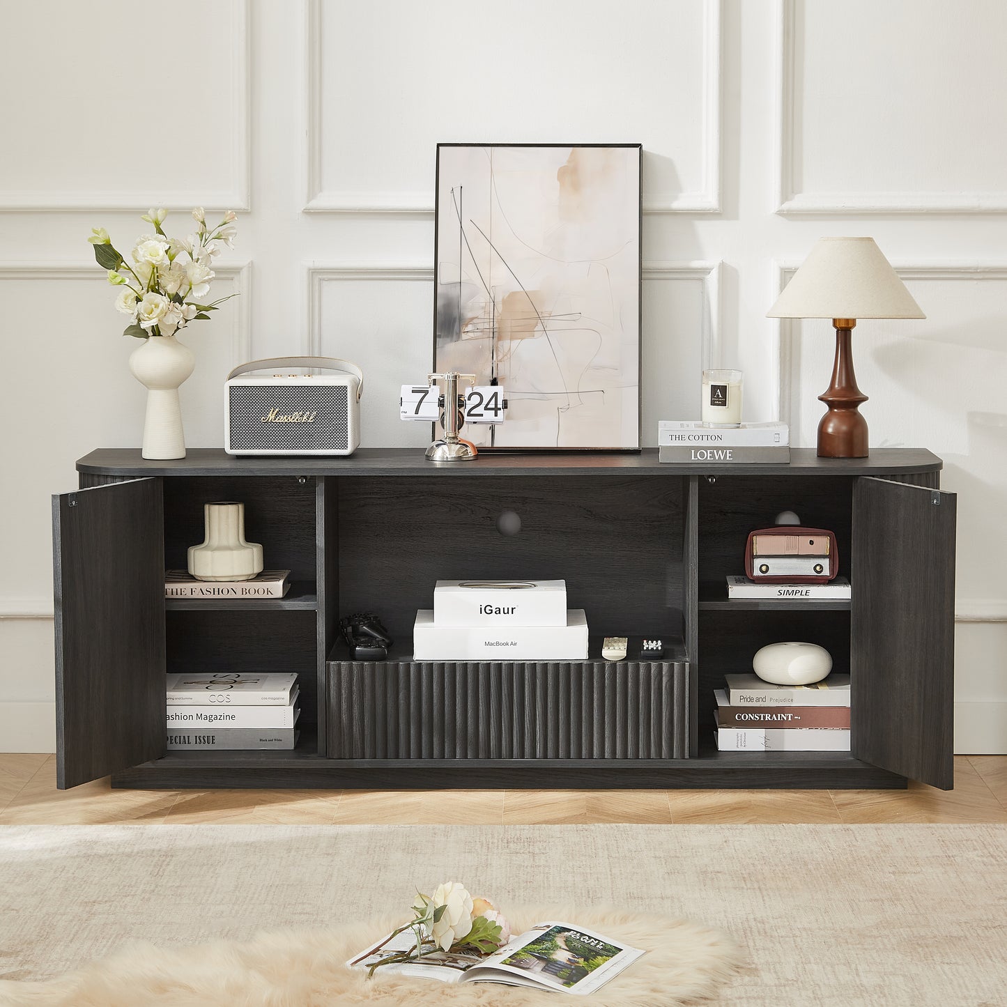 64" Wavy TV Stand & Rounded Sideboard | Modern Vertical Stripe Cabinet