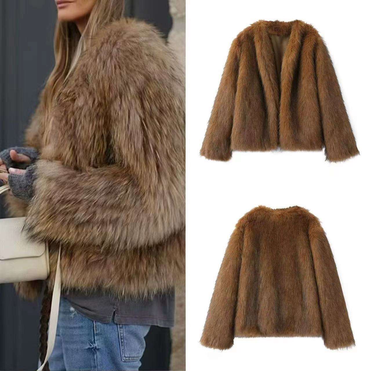 Brown fur coat worn by a person and displayed on a white background