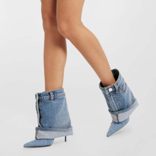 Pointed-toe Washed Denim Pantskirt Stiletto Heel Ankle Boots Pointed-toe Washed Denim Pantskirt Stile | Ectron Online