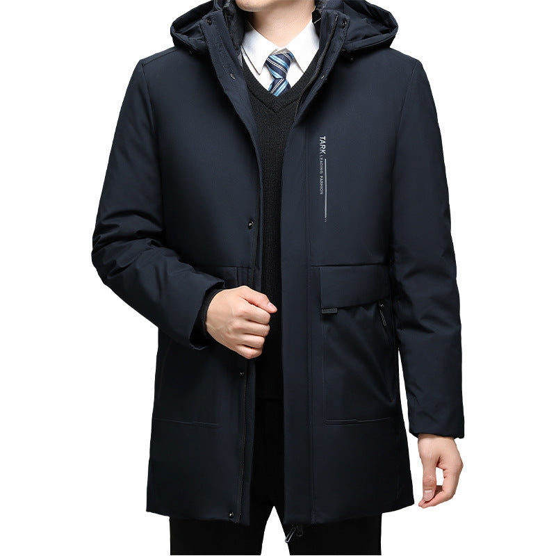 Black coat worn by a person on a white background