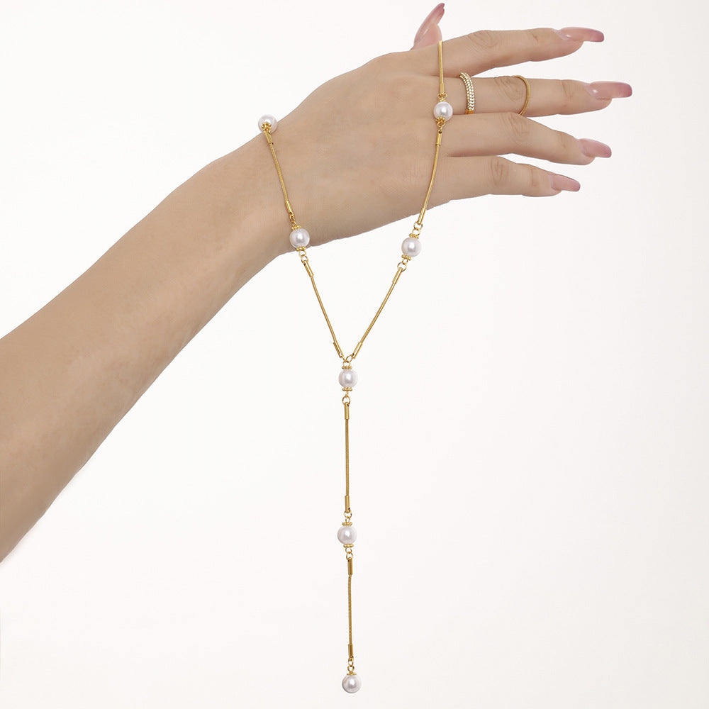 Stainless Steel Pearl Y-shaped Clavicle Chain Light Luxury Tassel Necklace For Women