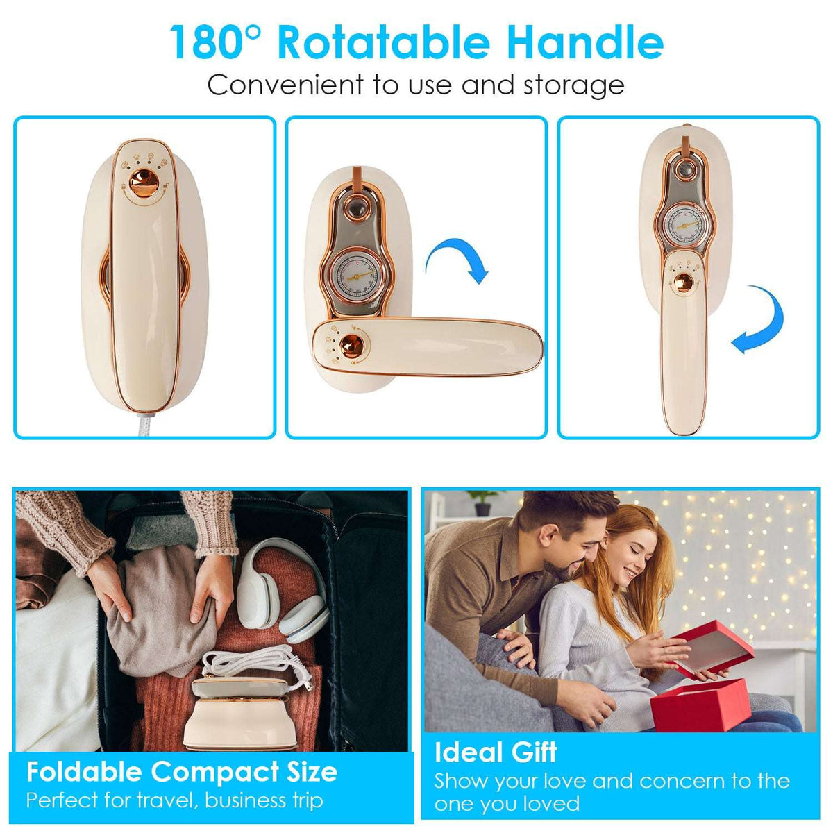 Foldable handheld clothes steamer with 180-degree rotatable handle and compact base