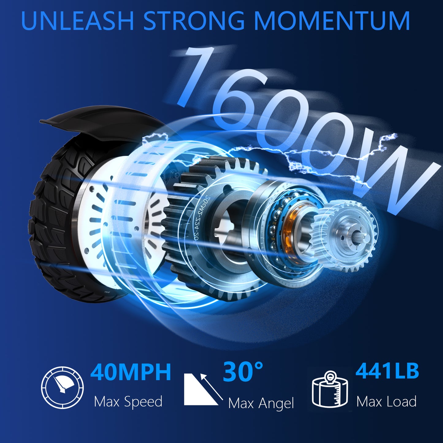 Electric scooter wheel and motor assembly close-up with blue light effects