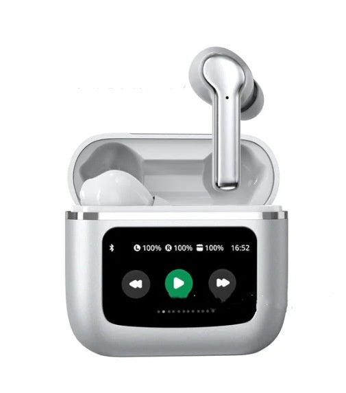 Wireless earbuds with charging case on a white background