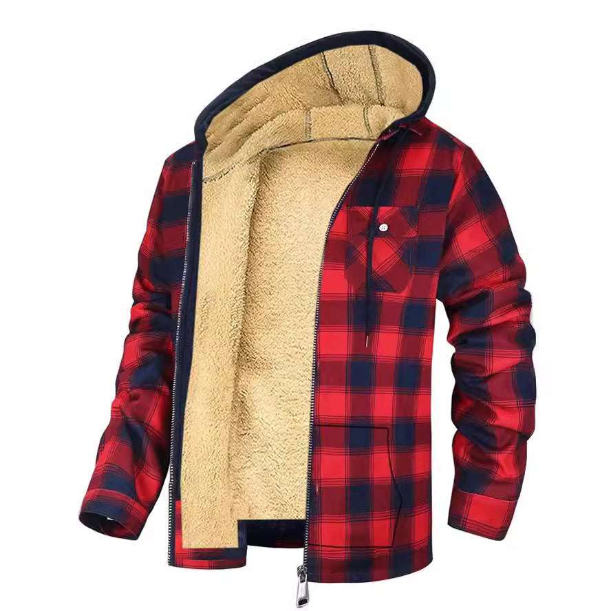 Men's Plaid Hooded Zip-Up Jacket | Thickened Winter Coat