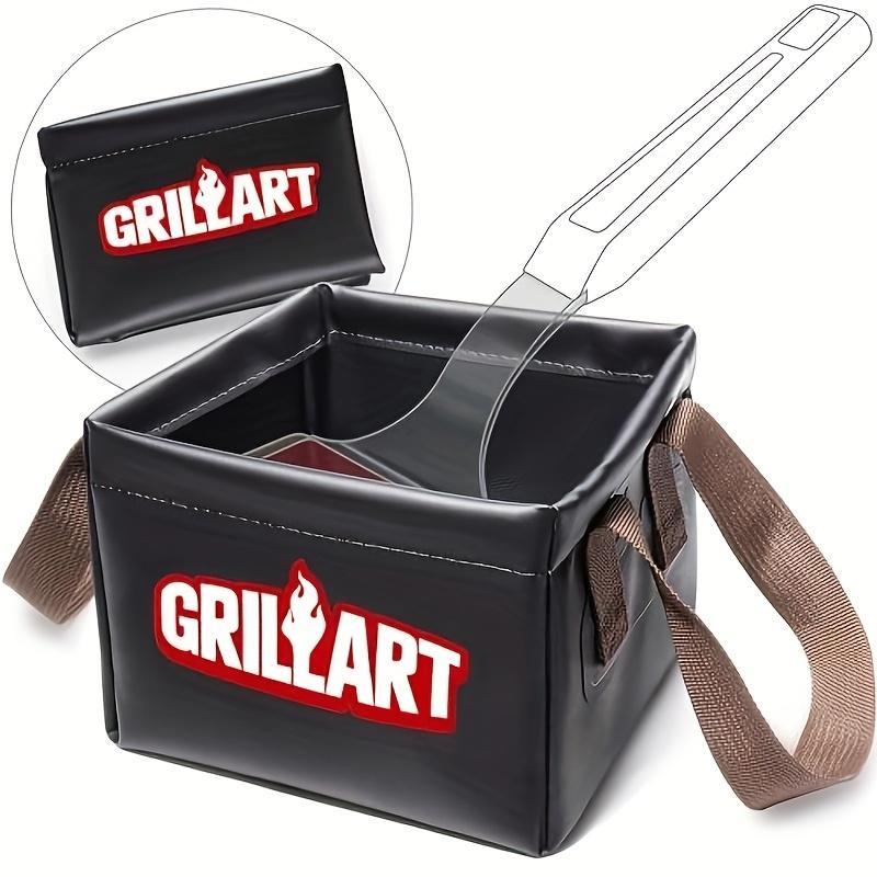 Black grill cleaning pouch with brown strap and spatula, featuring GrillArt logo.