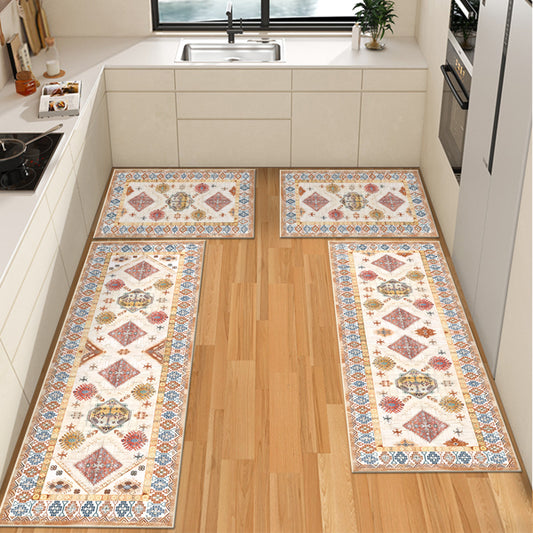 3-piece boho style kitchen rug set featuring a long runner and two matching floor mats with non-slip backing