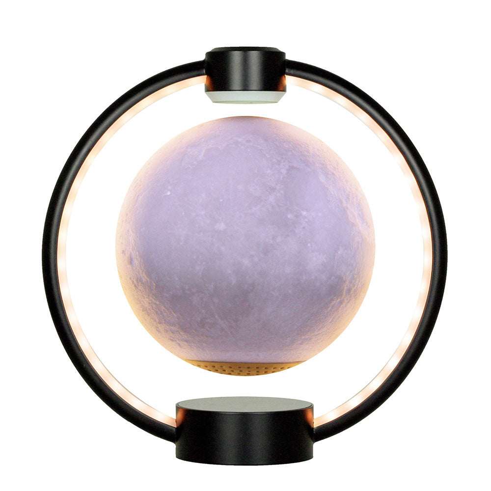 Floating moon lamp with lavender glowing moon, white LED ring, black base