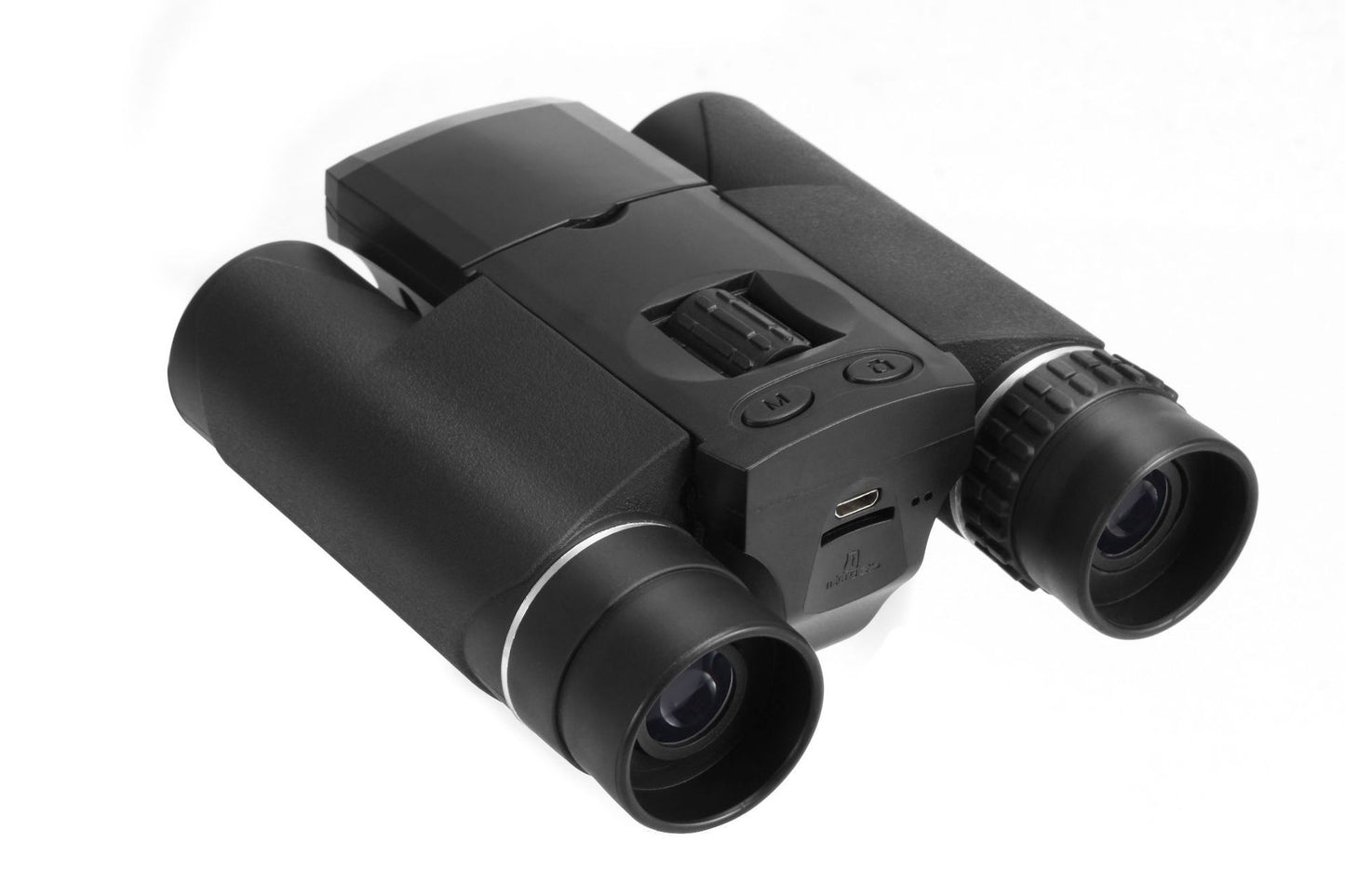 Black binoculars with digital camera attachment on a white background