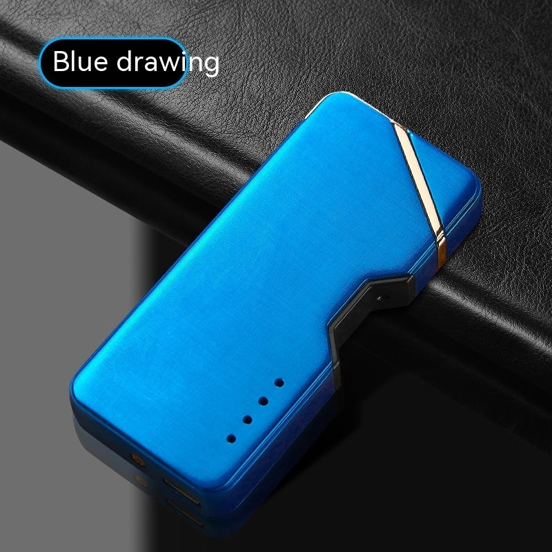 Blue lighter with gold accent on a black leather surface