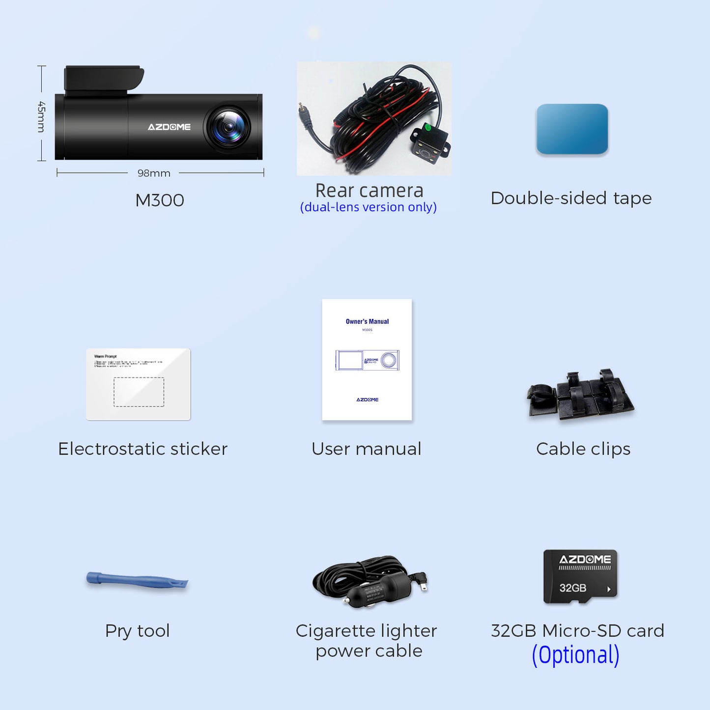 List of car camera accessories including M300, rear camera, double-sided tape, electrostatic sticker, user manual, cable clips, pry tool, cigarette lighter power cable, and 32GB Micro-SD card on a light blue background.