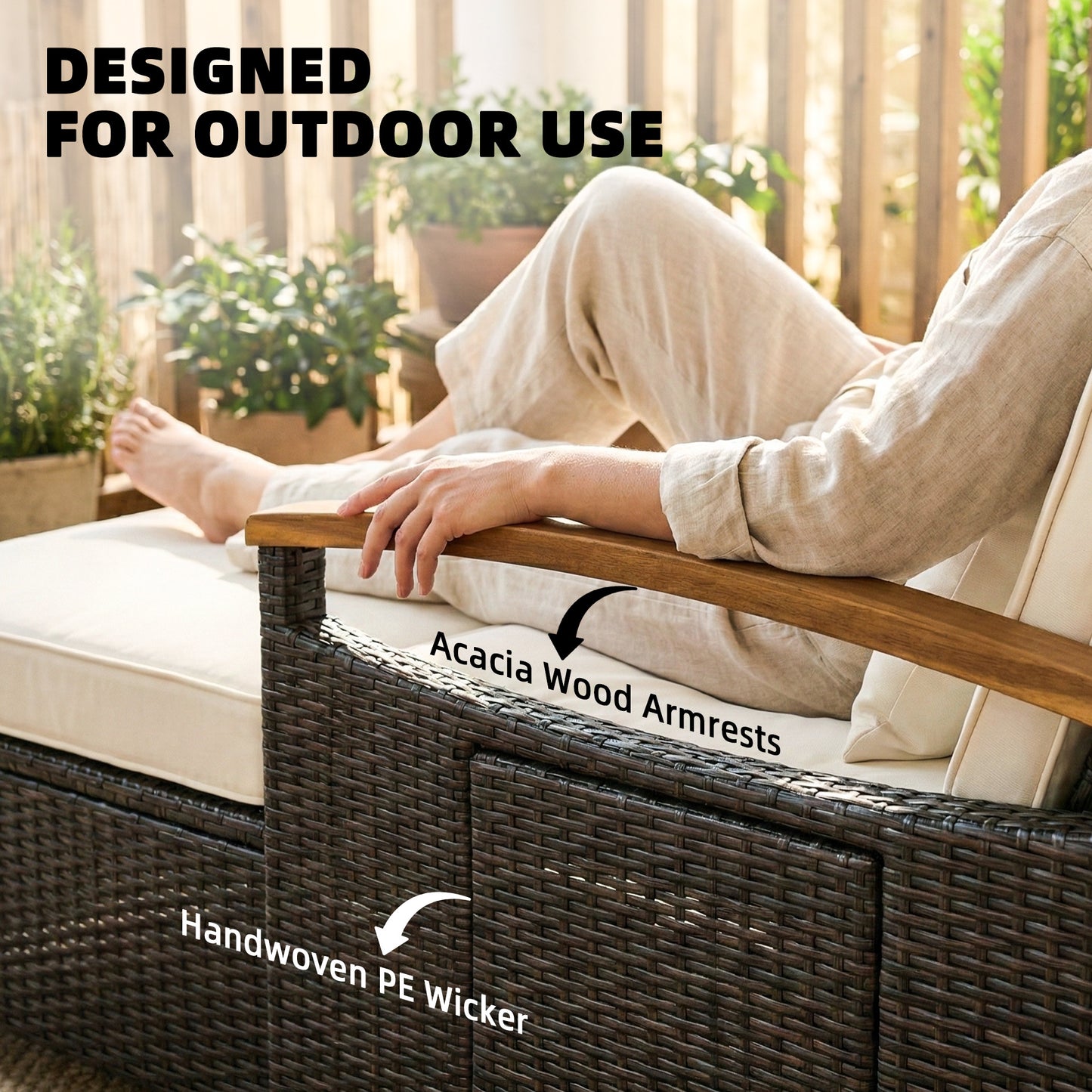 Rattan Outdoor Daybed with Adjustable Backrest | Acacia Wood Accents