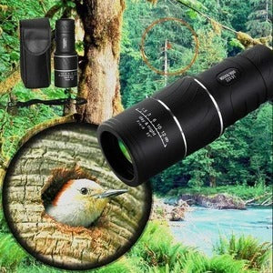 Telescopic sight with a close-up of a bird and scenic background