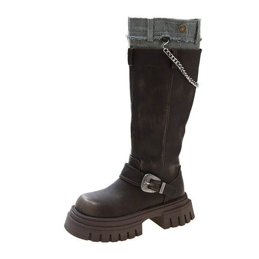 Retro Brown Below The Knee Thick Bottom Boots Children Retro Brown Below The Knee Thick Bottom | Ectron Online