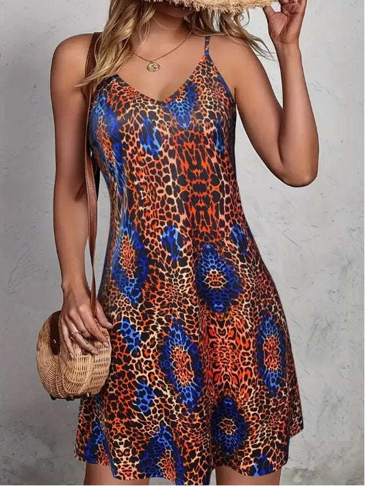 Leopard Print V Neck Cami Dress, Vacation Sleeveless Dress For Spring & Summer, Women's Clothing