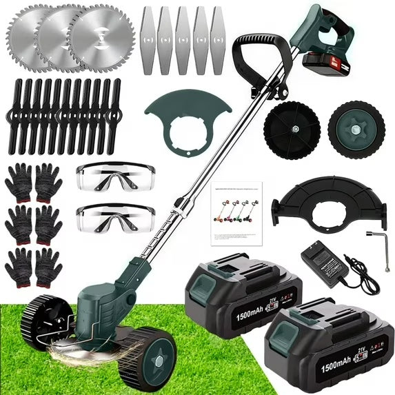 Cordless weed eater kit with green trimmer and wheels, protective eyewear, and battery packs