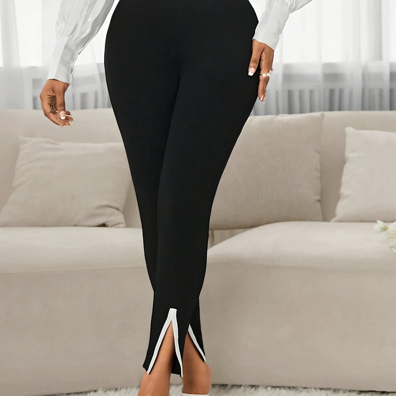 Women's slim-fit dress pants, black, high waist with front slit at hem