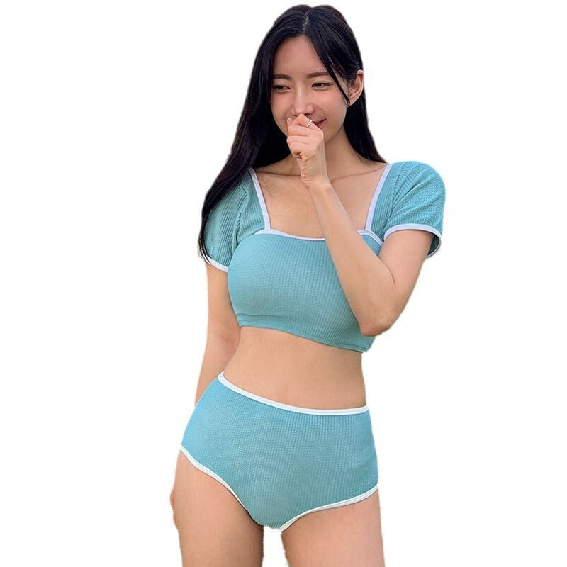 Slim High Waist Two-piece Short Sleeve Beach Vacation Swimsuit Women