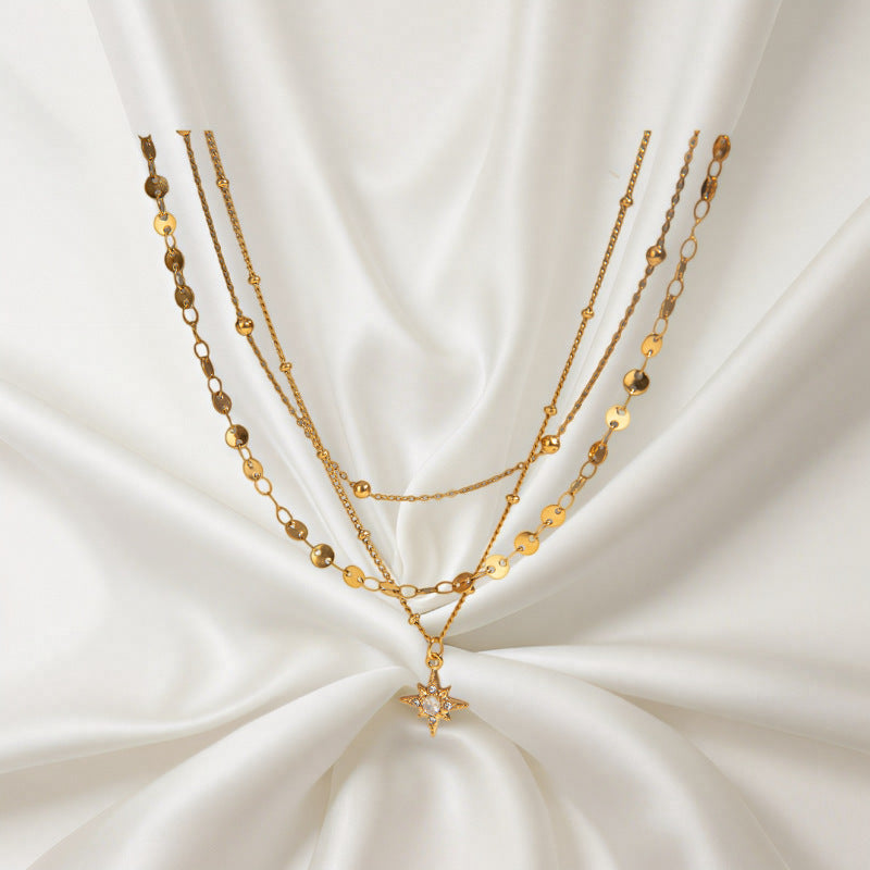 Stainless Steel Rhinestone Four Eight-pointed Stars Pendant Three-layer Necklace