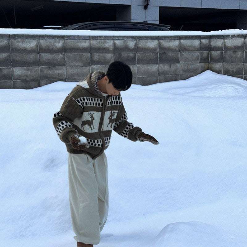 Jacquard Christmas Zipper Idle Style Cardigan Knitted Coat