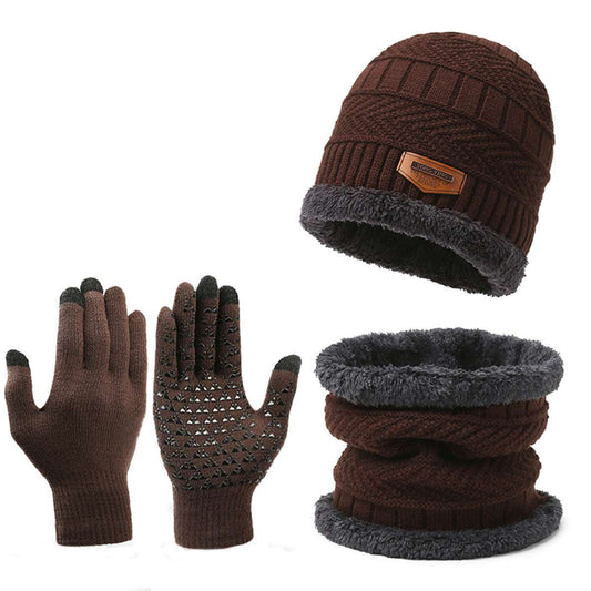 Men's Fleece-Lined Knitted Hat, Scarf & Gloves 3-Piece Winter Set Men's Winter Scarf Gloves Three-piece Se | Ectron Online
