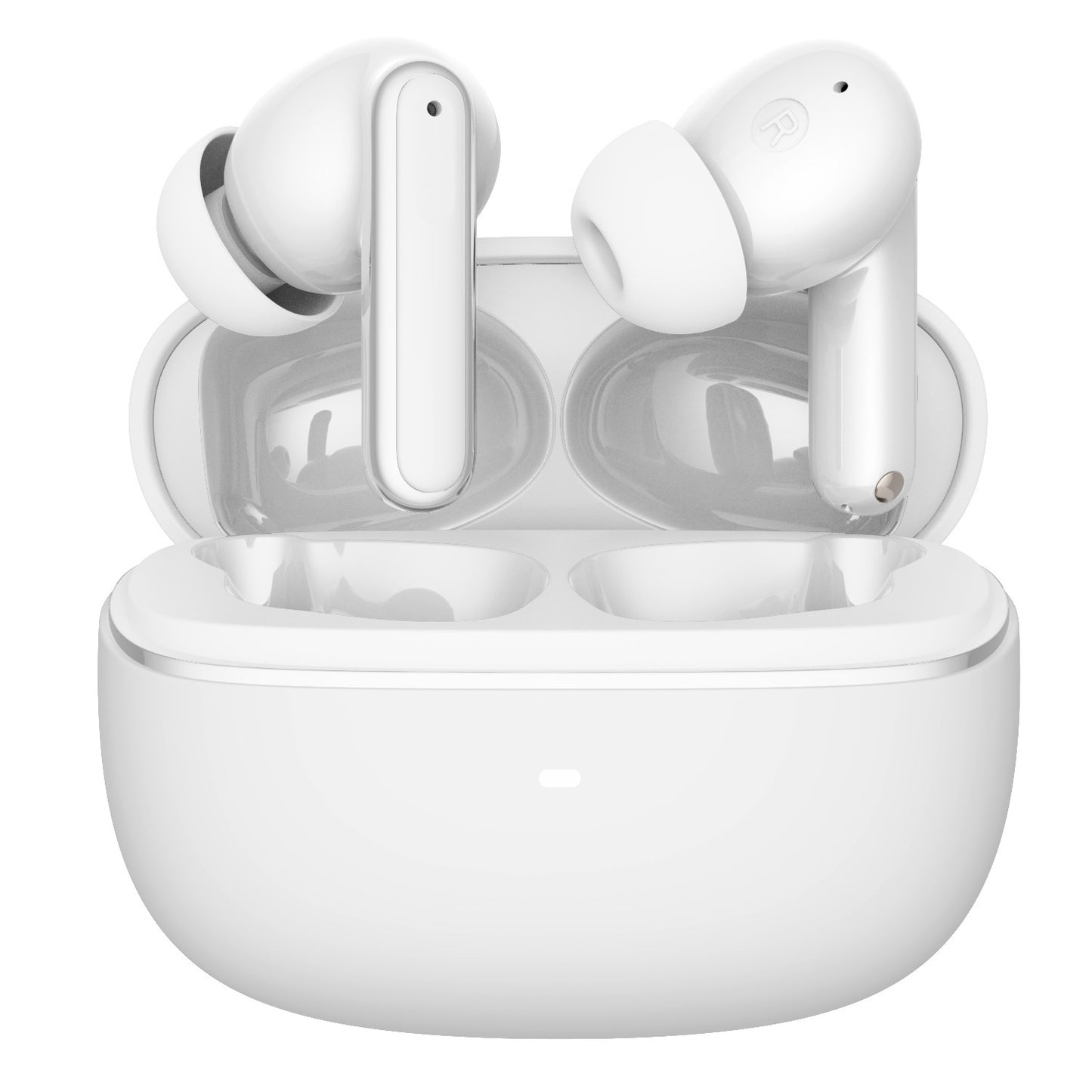 White wireless earbuds with charging case on a white background