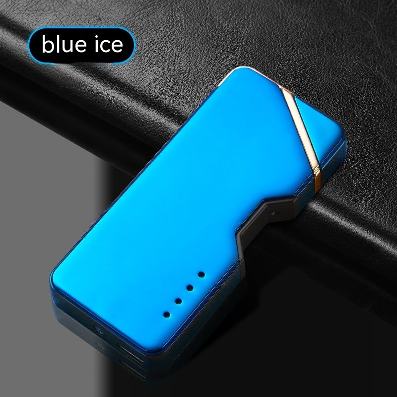 Blue lighter with gold accent on a black leather surface, labeled 'blue ice'.