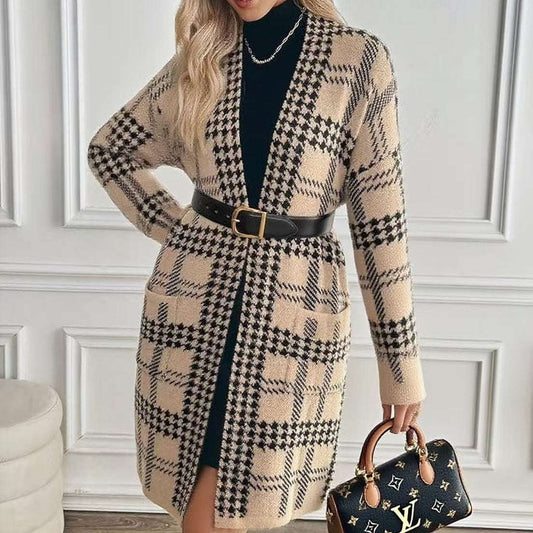 Women's Houndstooth Knitted Long Jacket - Elegant Coat Women's Houndstooth Knitted Long Knitted | Ectron Online