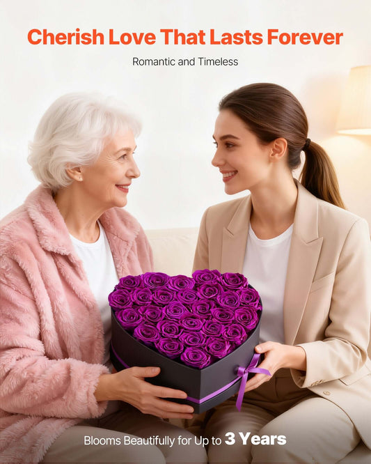 27 Real Preserved Roses in Heart-Shaped Box - Eternal Purple Flower Bouquet Gift for Her